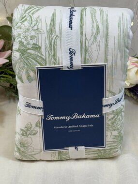 Brand New  Tommy Bahama KING Quilted Sham Beach Bluff Toile Tropical Green Set o